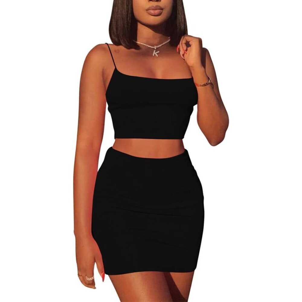Women's Black 2 Piece Outfits Crop Top Skirt Set Summer Club Casual